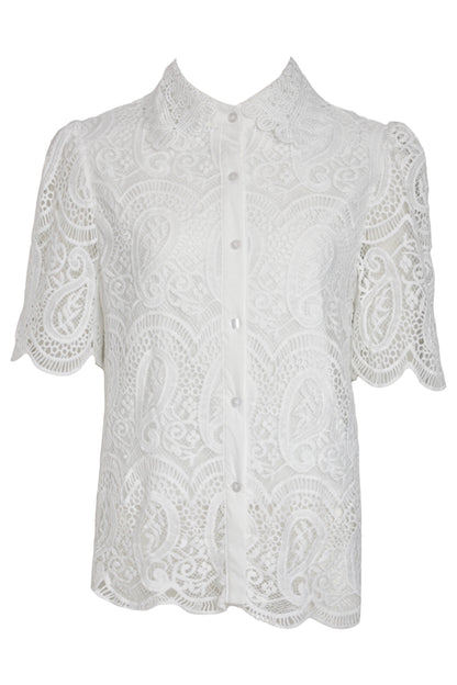 White Lace Scalloped Short Sleeve Blouse