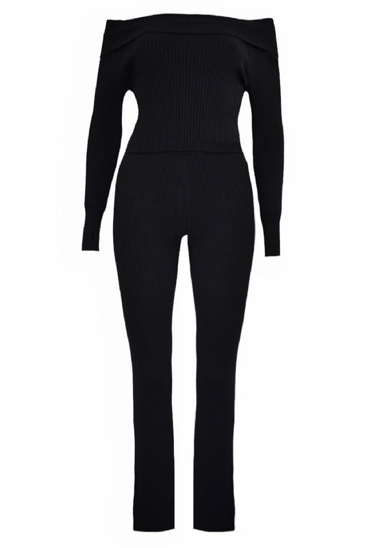 Black Ribbed Bardot Top & Trousers Co-ord