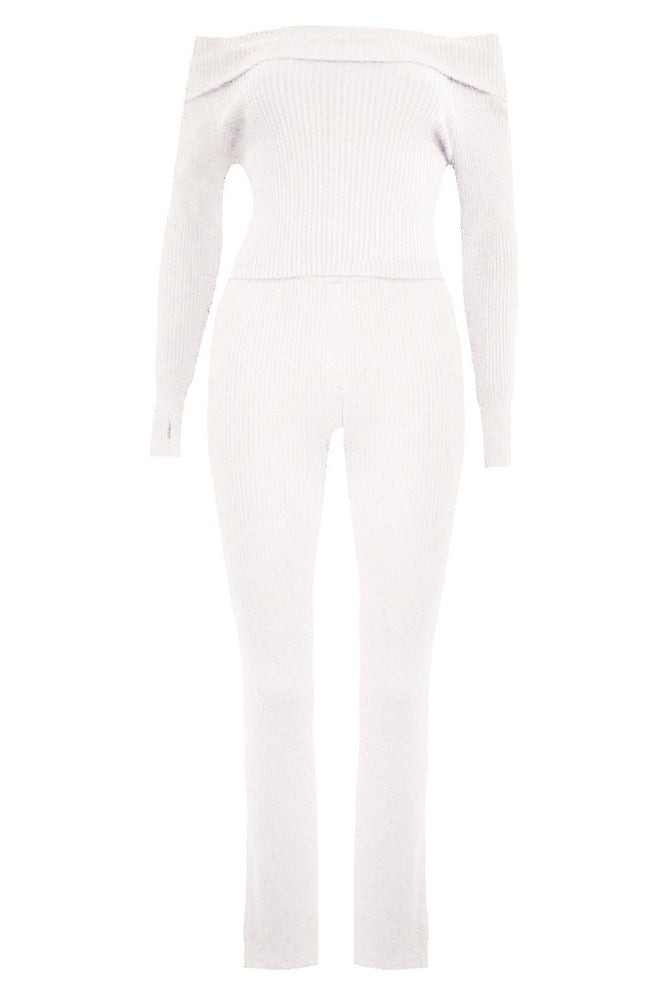 Cream Ribbed Bardot Top & Trousers Co-ord