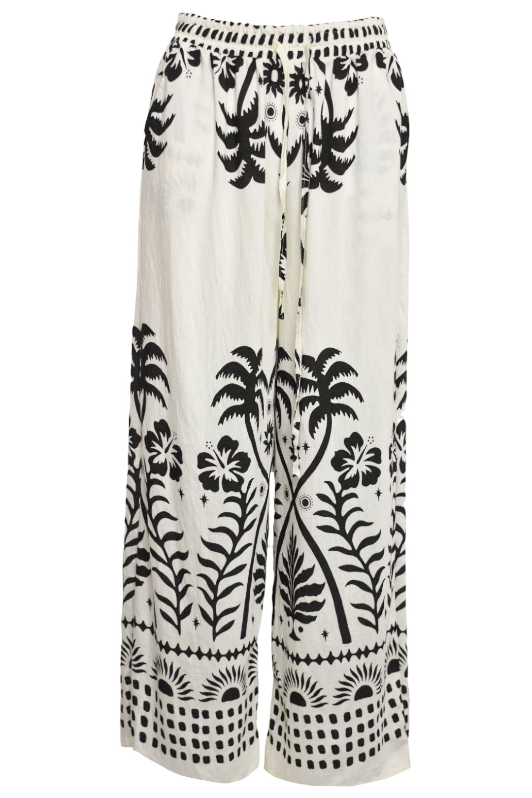 Cream Palm Print Wide Leg Trousers