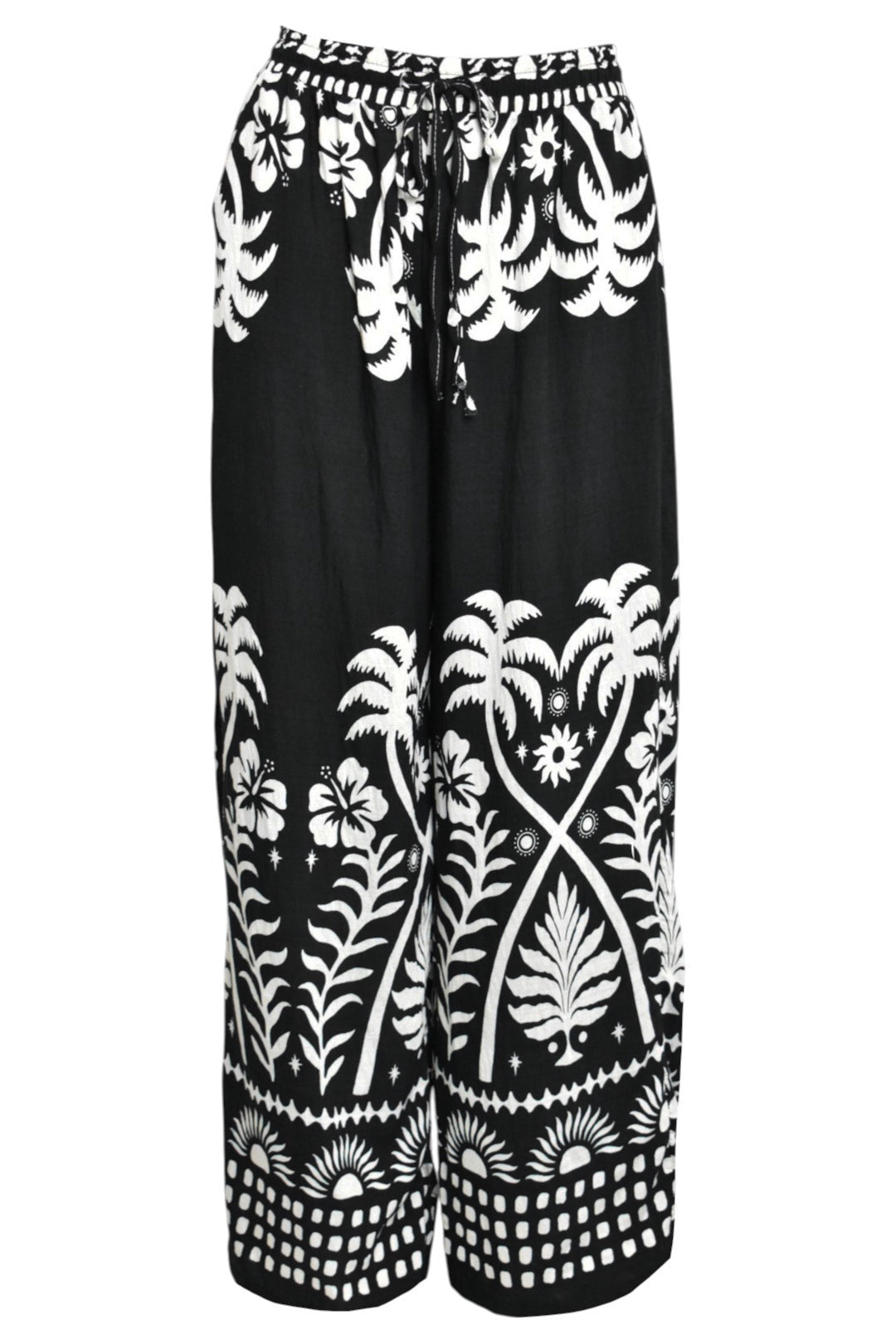 Black Palm Print Wide Leg Trousers