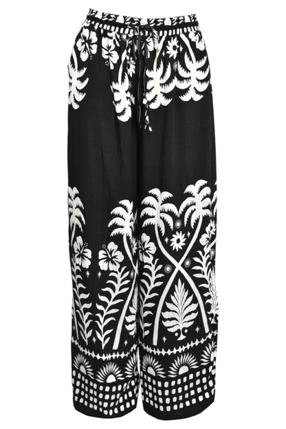 Black Palm Print Wide Leg Trousers