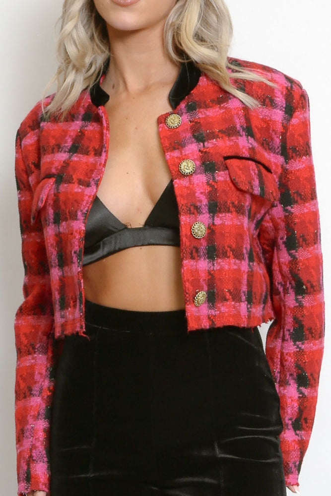 Red & Pink Checked Cropped Blazer