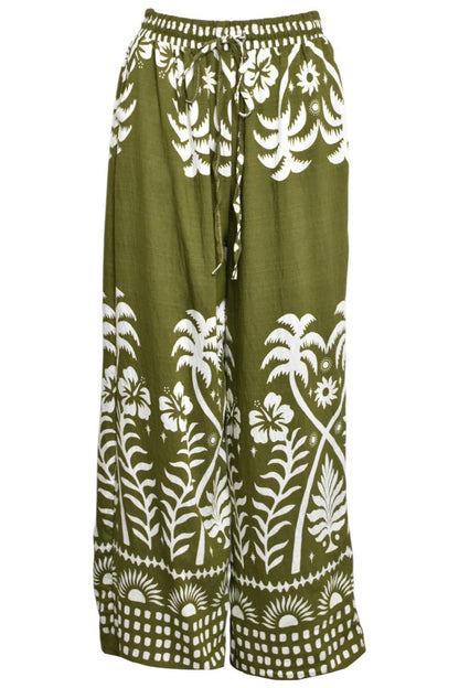 Olive Palm Print Wide Leg Trousers