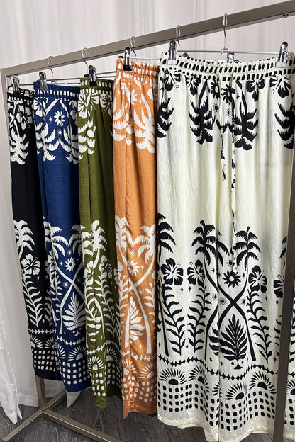 Black Palm Print Wide Leg Trousers