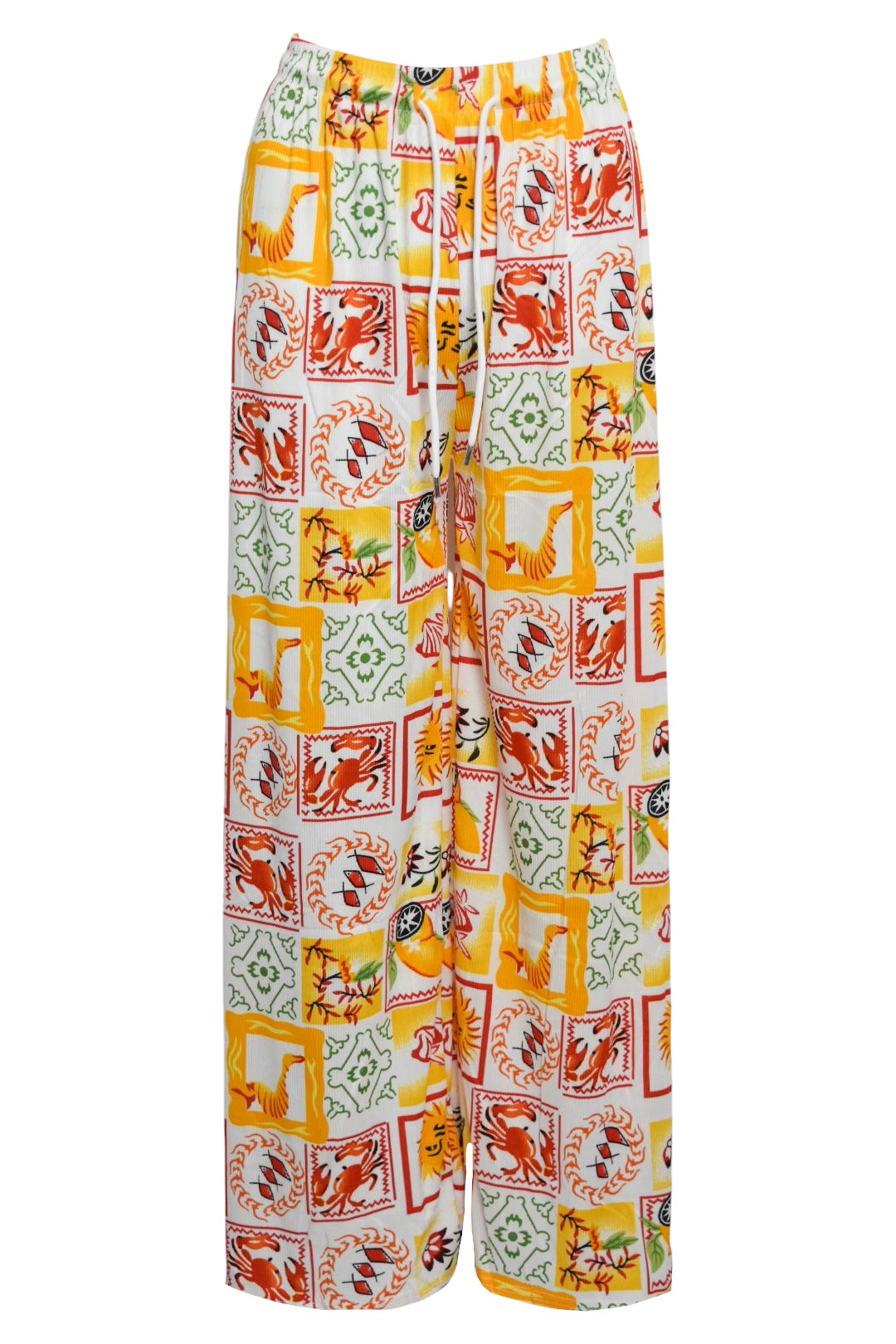 Yellow Summer Stamp Print Wide Leg Trousers