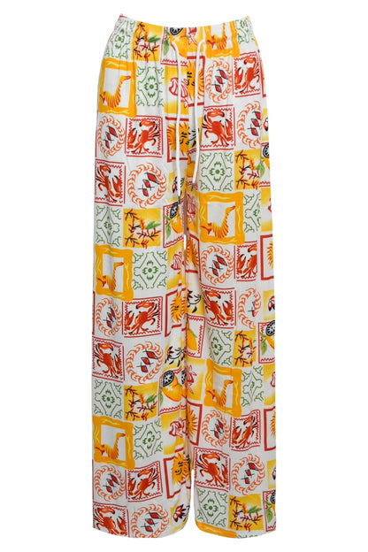 Yellow Summer Stamp Print Wide Leg Trousers