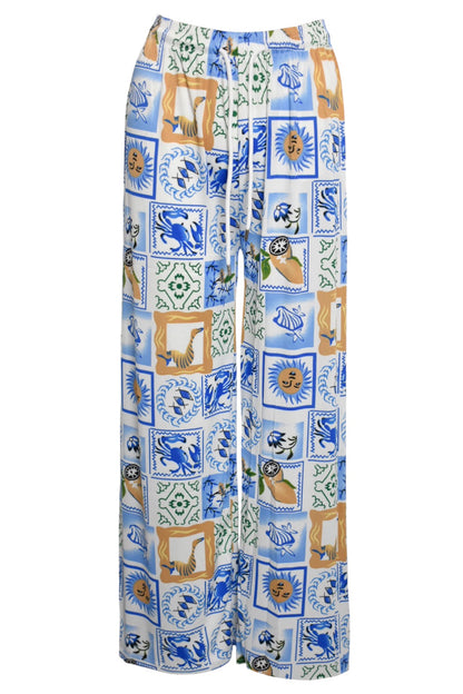 Blue Summer Stamp Print Wide Leg Trousers