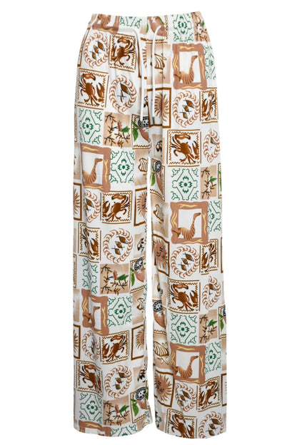 Brown Summer Stamp Print Wide Leg Trousers
