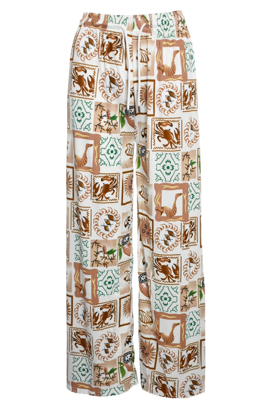 Brown Summer Stamp Print Wide Leg Trousers