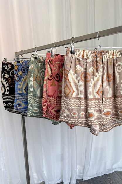 Black Aztec Print Drawstring Shorts