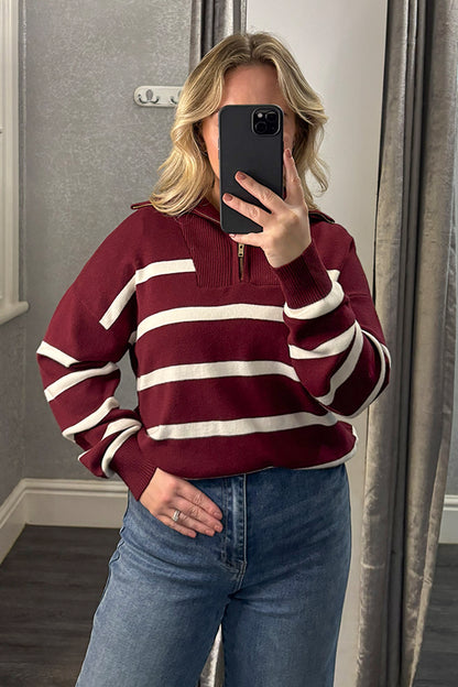 Burgundy Striped Quarter Zip Jumper