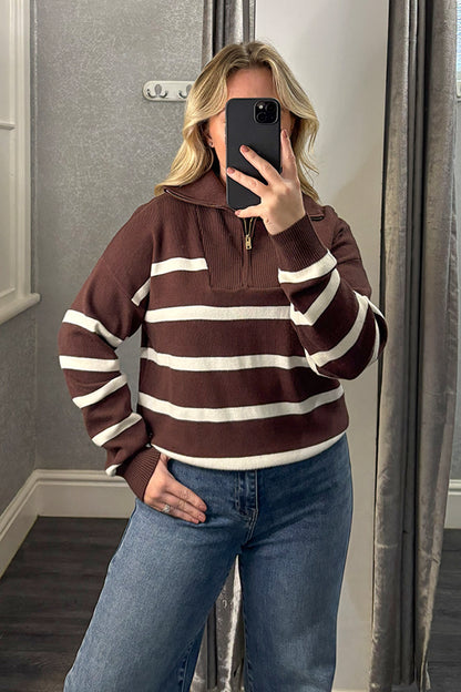 Brown Striped Quarter Zip Jumper