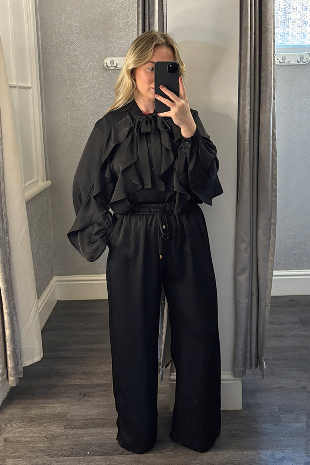 Black Satin Frill Top & Wide Leg Trousers Co-ord
