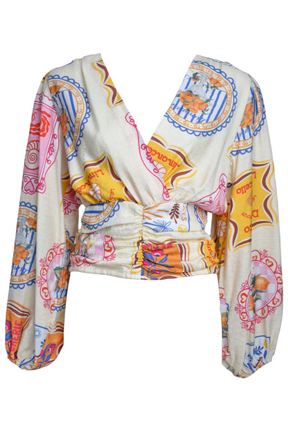 Cream Limoncello Stamp Print Crossover Blouse