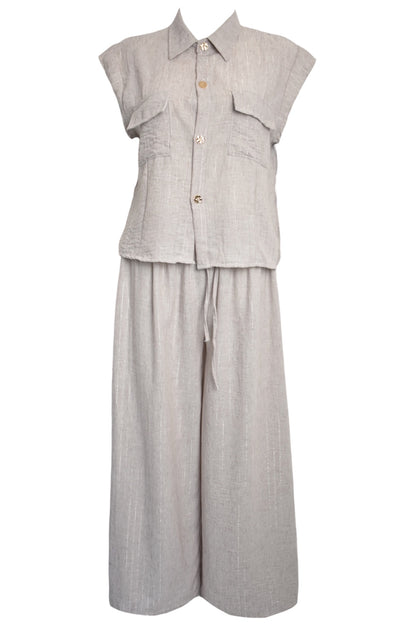 Beige Metallic Stripe Cap Sleeve Trousers Co-ord