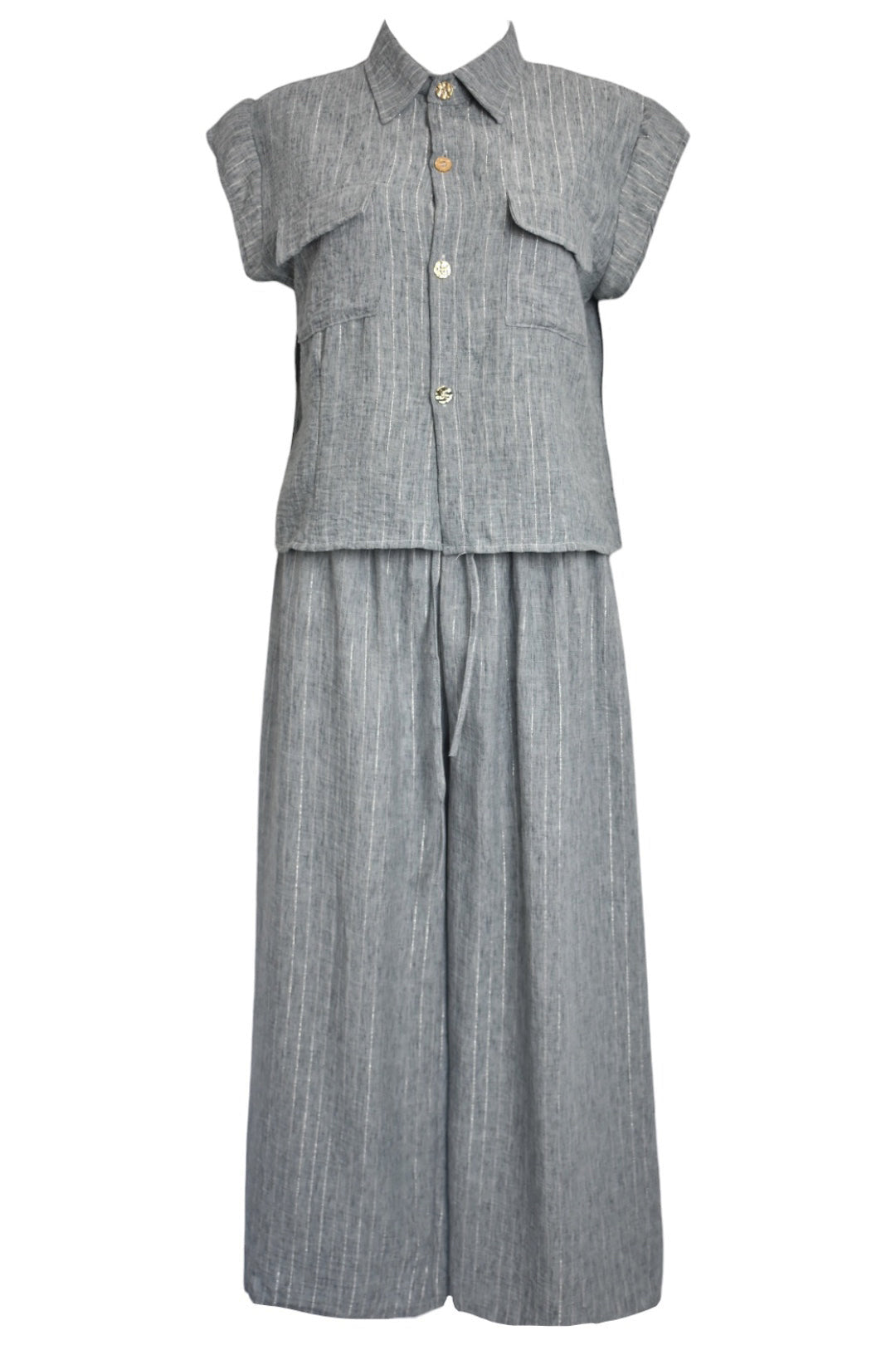 Grey Metallic Pin Stripe Cap Sleeve Trousers Co-ord