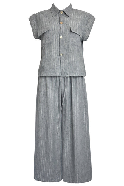 Grey Metallic Pin Stripe Cap Sleeve Trousers Co-ord