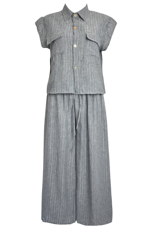 Grey Metallic Pin Stripe Cap Sleeve Trousers Co-ord