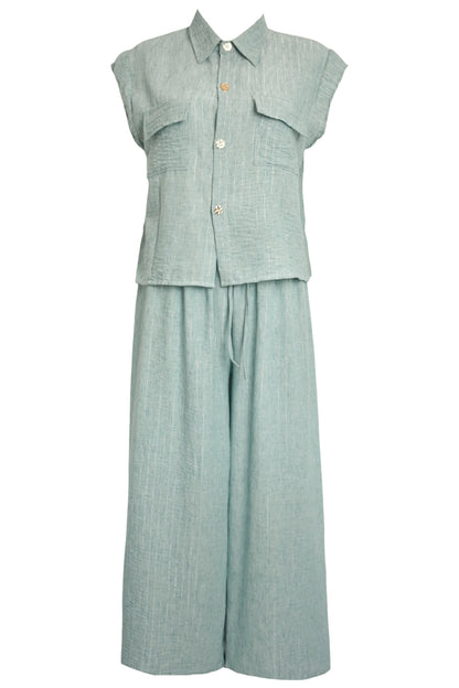Green Metallic Pin Striped Cap Sleeve Trousers Co-ord