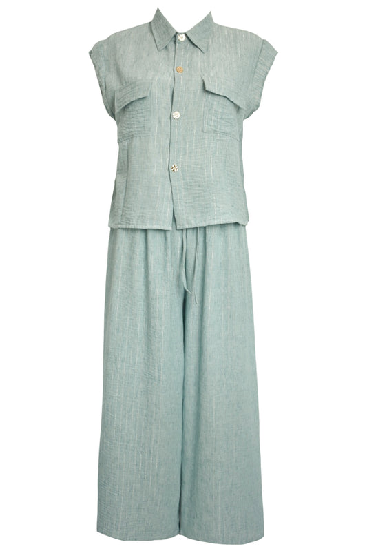 Green Metallic Pin Striped Cap Sleeve Trousers Co-ord