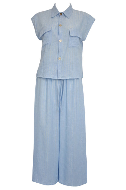 Blue Metallic Stripe Cap Sleeve Trousers Co-ord