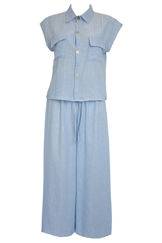 Blue Metallic Stripe Cap Sleeve Trousers Co-ord