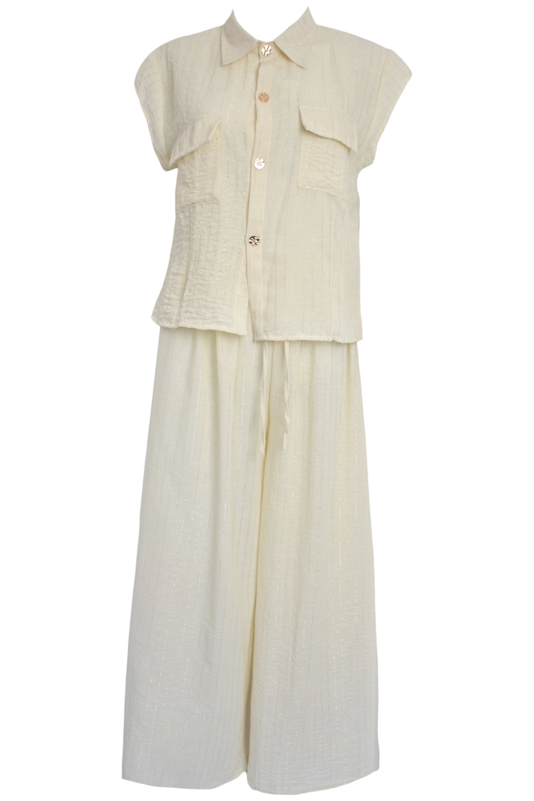 Cream Metallic Stripe Cap Sleeve Trousers Co-ord