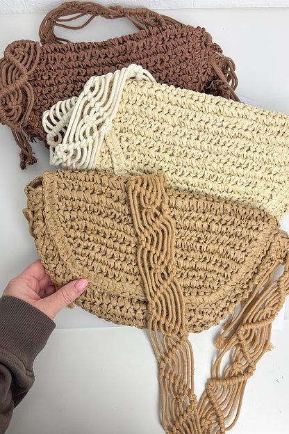 Beige Crochet Strap Cross Body Straw Bag