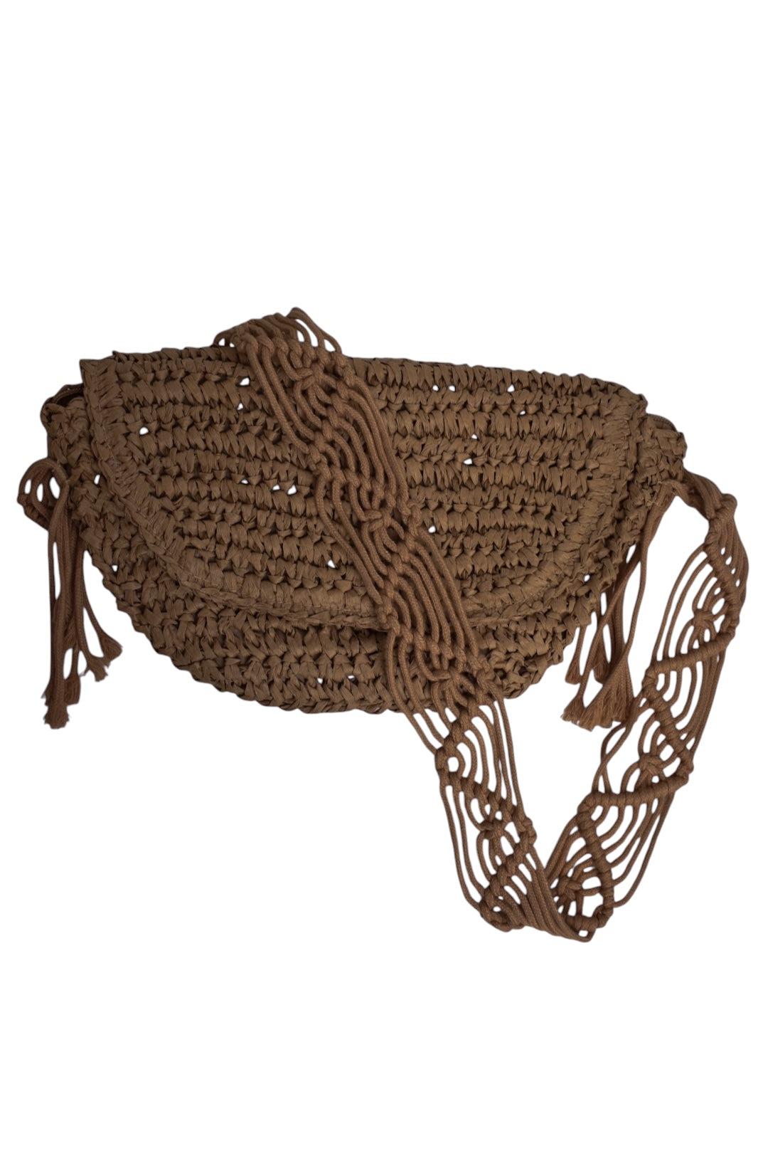 Brown Crochet Strap Cross Body Straw Bag