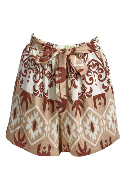 Beige Aztec Print Belted Shorts