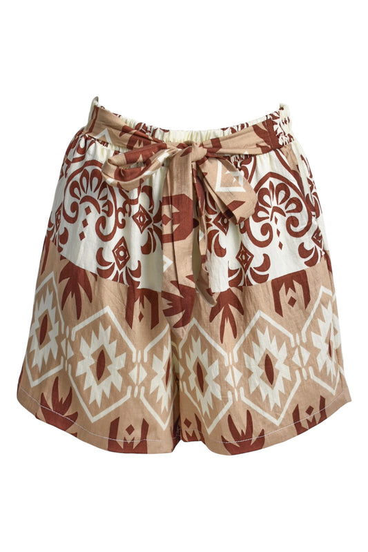 Beige Aztec Print Belted Shorts