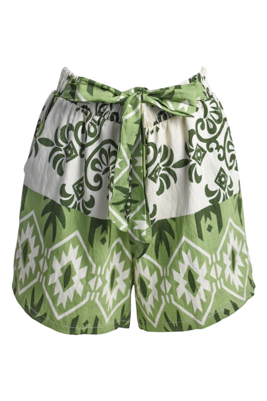 Green Aztec Print Belted Shorts