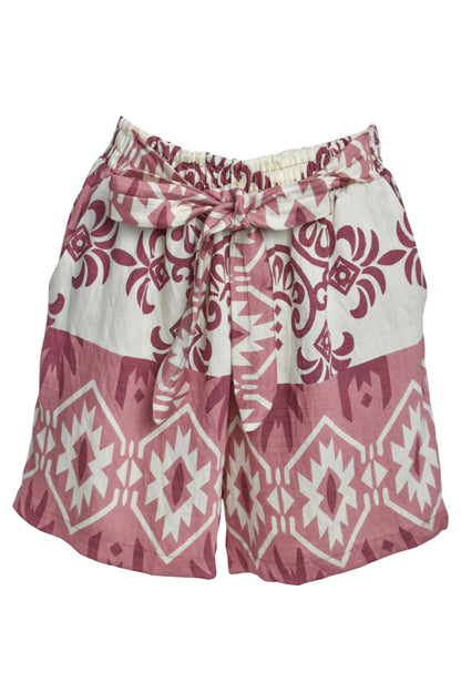 Pink Aztec Print Belted Shorts