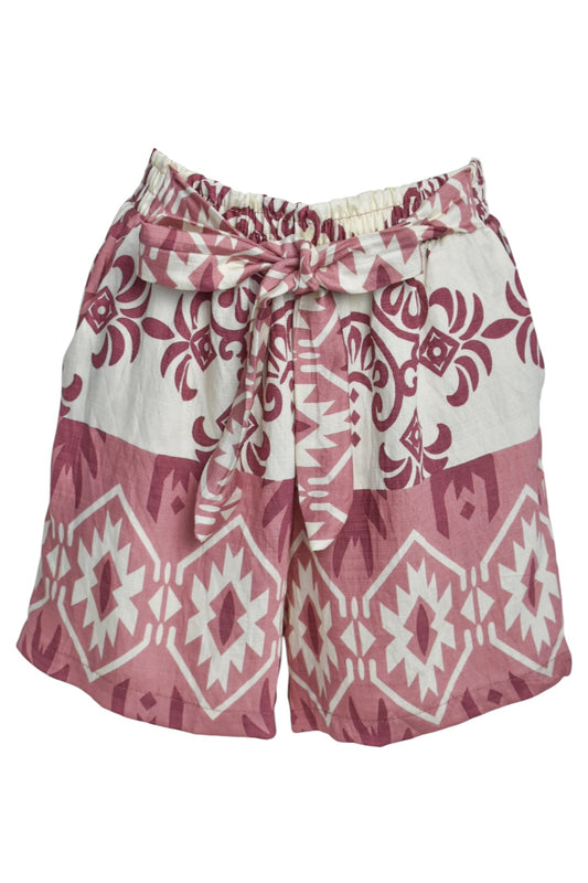 Pink Aztec Print Belted Shorts