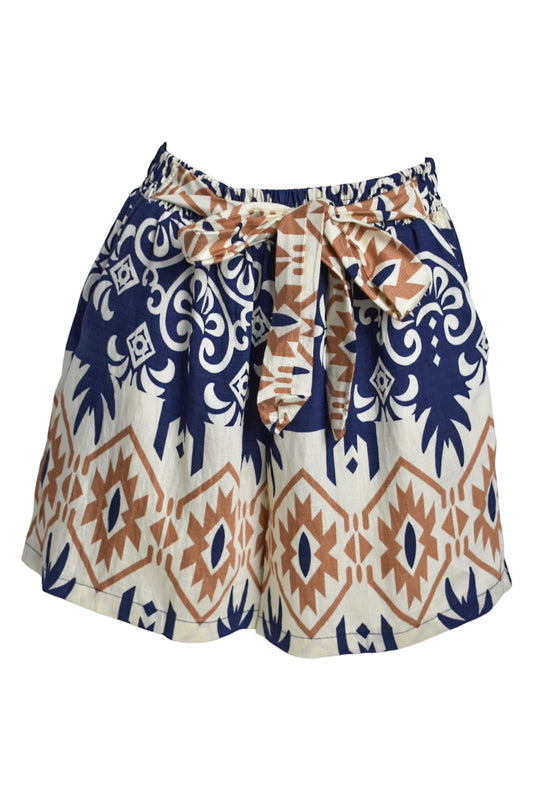 Navy Aztec Print Belted Shorts