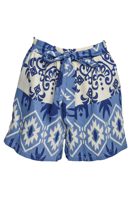 Blue Aztec Print Belted Shorts