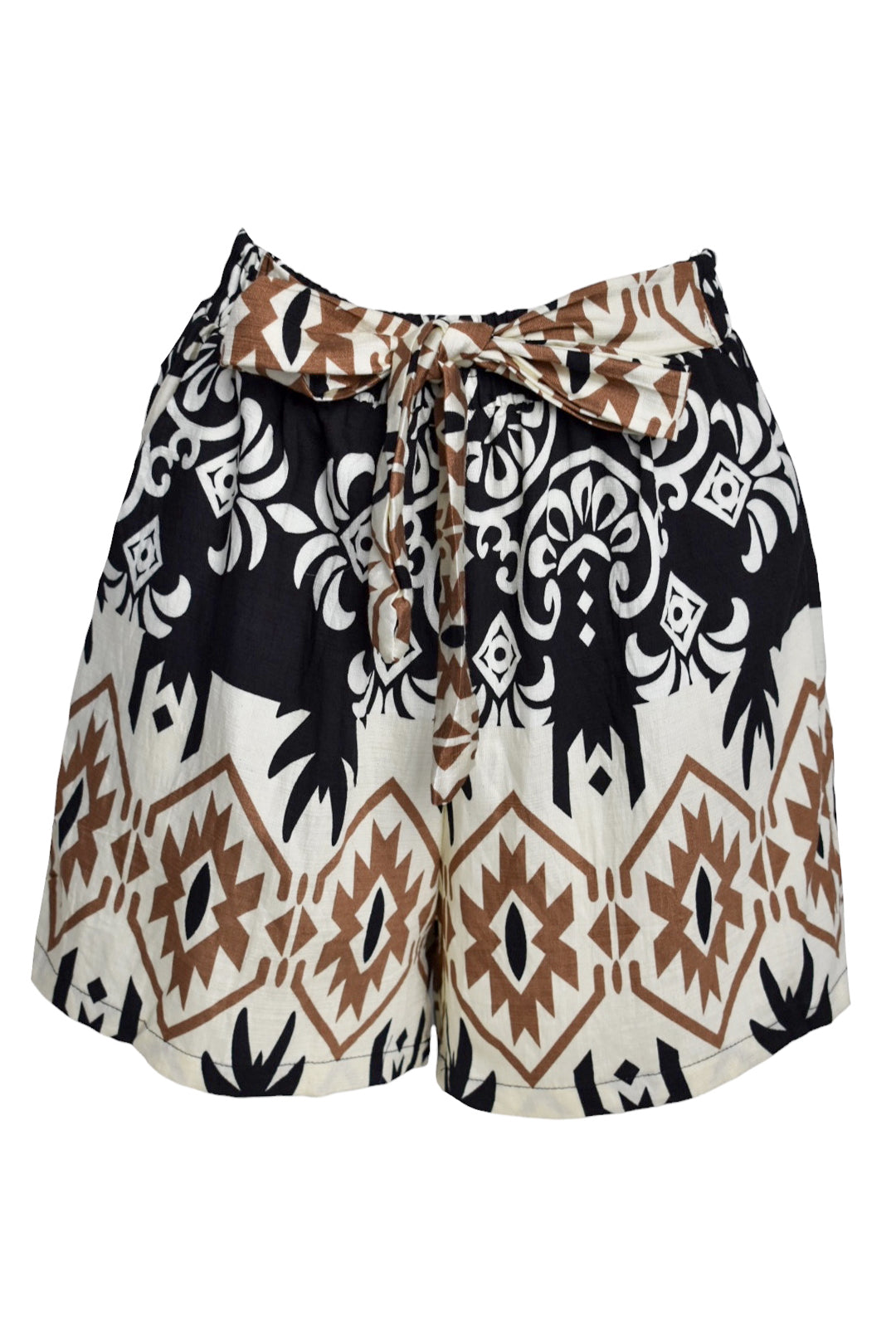 Black Aztec Print Belted Shorts
