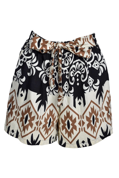 Black Aztec Print Belted Shorts