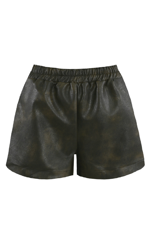 Khaki Distressed Faux Leather Side Split Shorts