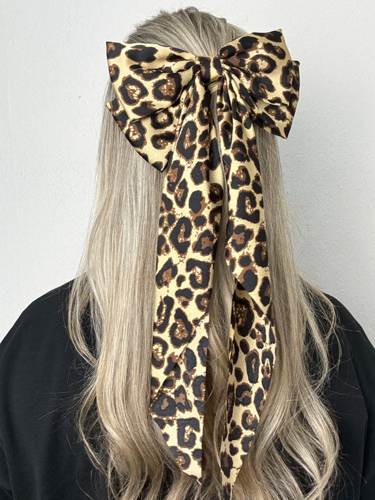 Leopard Print Satin Long Double Hair Bow