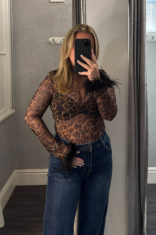 Leopard Print Sheer Fur Cuff Bodysuit1