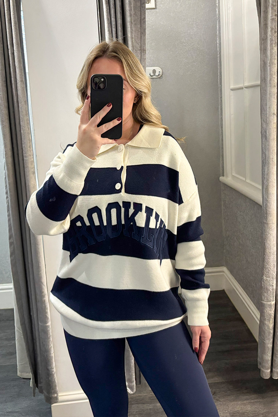 Navy & Cream BROOKLYN Striped Collared Jumper