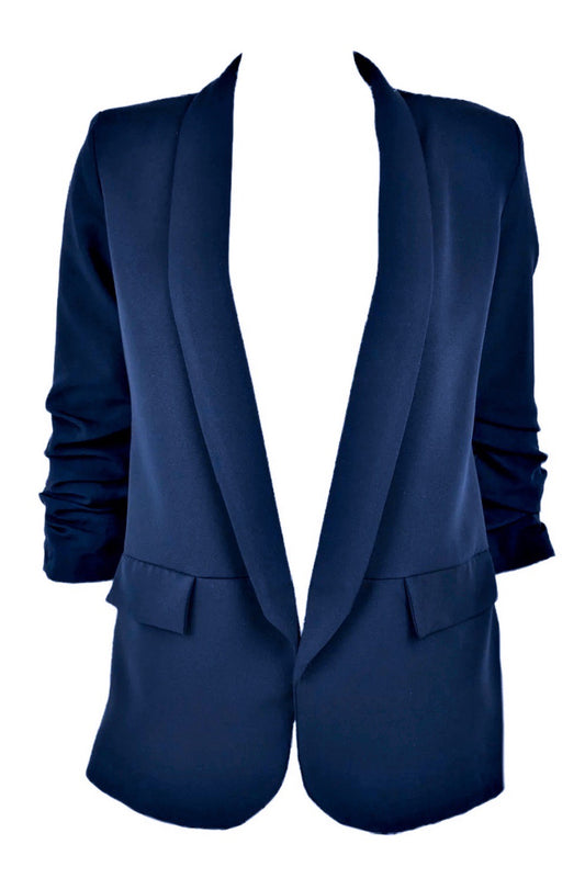 Navy Ruched Sleeve Blazer