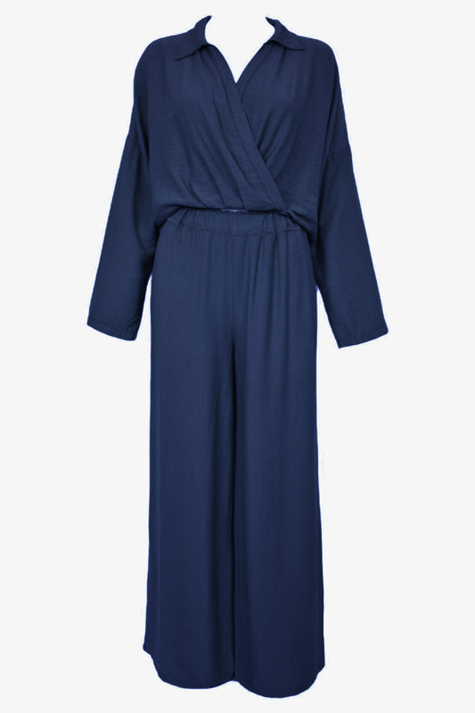 Navy Wrapover Top & Wide Leg Trousers Co-ord