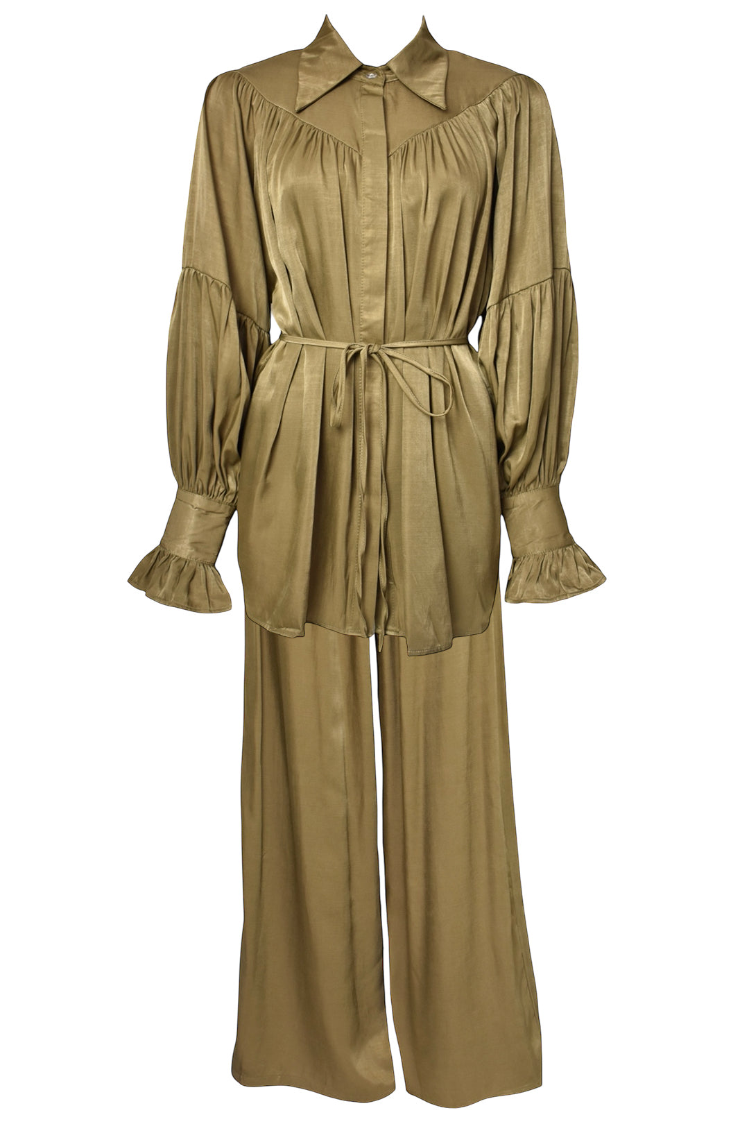 Olive Satin Belted Top & Wide Leg Trousers