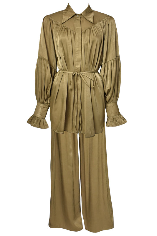 Olive Satin Belted Top & Wide Leg Trousers