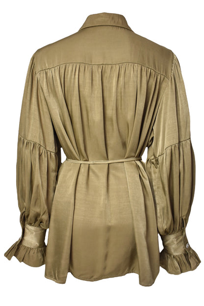 Olive Satin Belted Top & Wide Leg Trousers