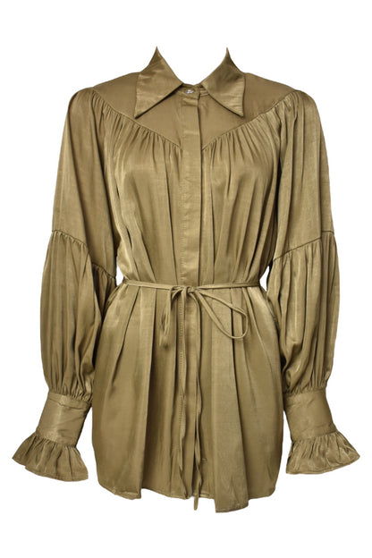 Olive Satin Belted Top & Wide Leg Trousers