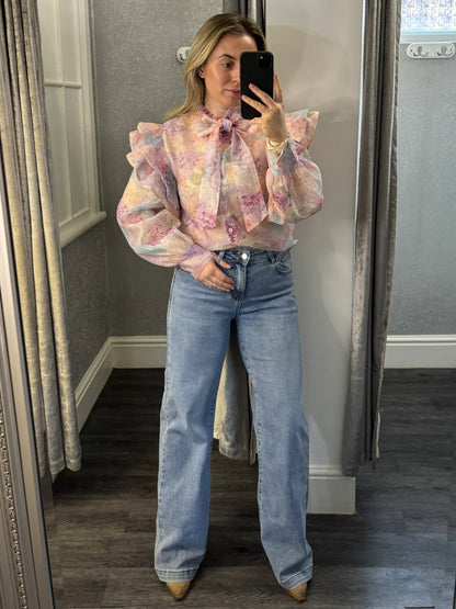 Pastel Floral Print Frill Blouse